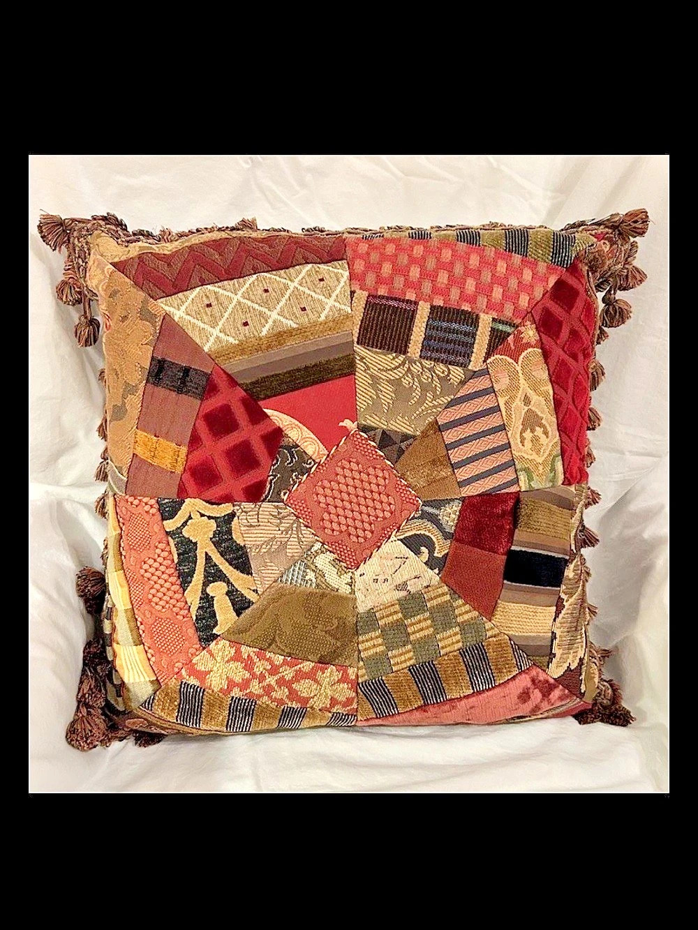Vintage Sweet Dreams Inc Velvet Crazy Quilt Fringe Pillow With Insert 20x20